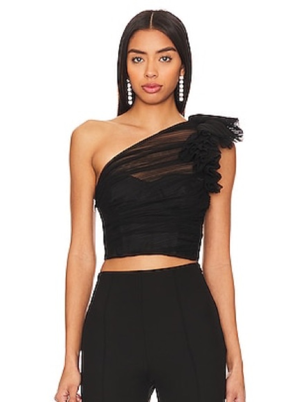 Revolve Majorelle Soriya Ruched Ruffle Top in Black Small